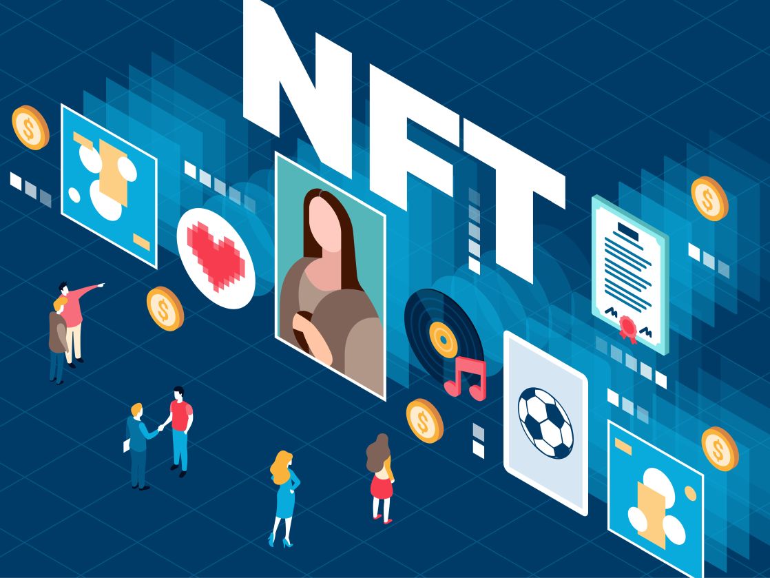 This colorful illustration depicts a non-fungible tokens NFT marketplace, units of data stored on a blockchain, associated with digital files such as photos, videos, and audio